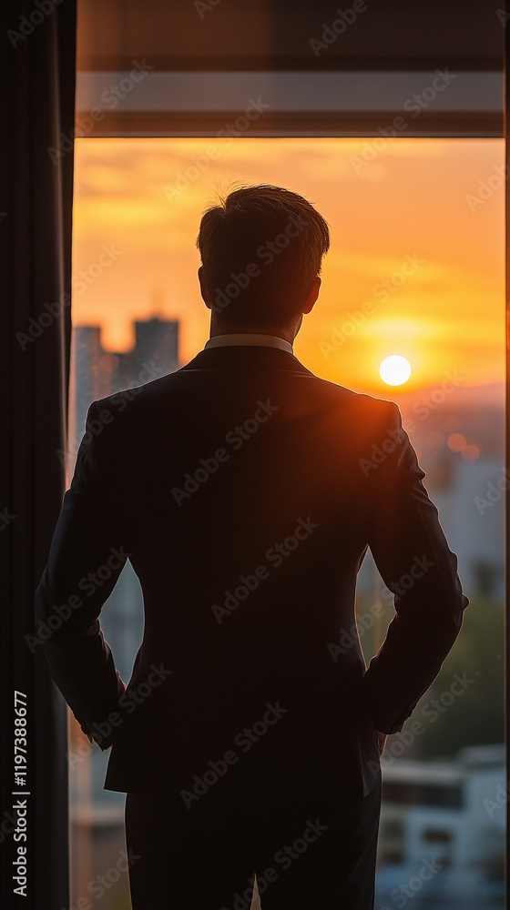 A businessman gazing out the window of his hotel room A businessman gazing out the window of his hotel room