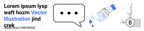 Hand watering cryptocurrency, chat bubble with dots, and textual elements. Ideal for digital finance, business, blockchain, communication, technology, crypto investments, online discussions. Landing