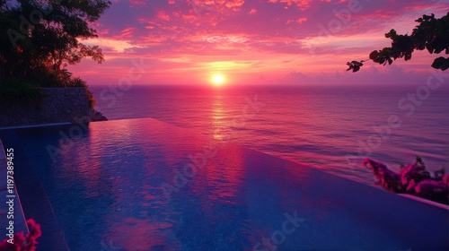 Beautiful sunset over the ocean from an infinity pool with tranquil waters in...