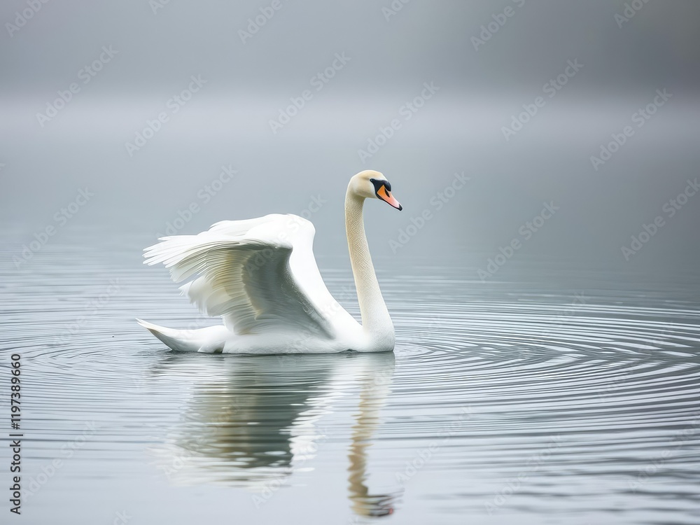 A swan spreads its wings, allowing them to skim across the surface of the misty lake, creating ripples in the otherwise glassy water, wings, water, glide A swan spreads its wings, allowing them to skim across the surface of the misty lake, creating ripples in the otherwise glassy water, wings, water, glide