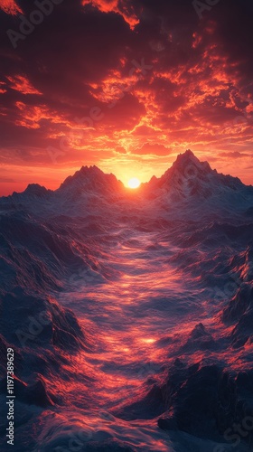 Sun setting over mountain range creating a vibrant skyline at dusk