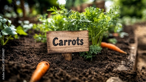 Carrot plant growing in a garden with wooden marker in rich soil during sunny...