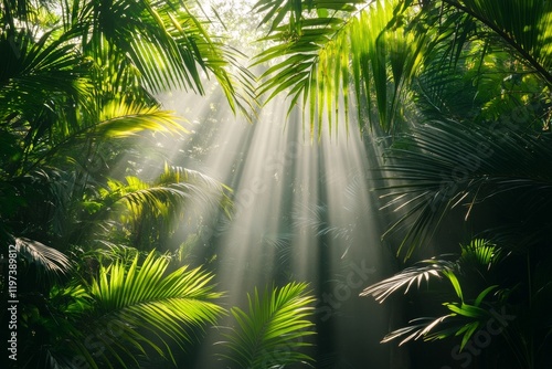 Sunlight filters through lush greenery in a vibrant tropical jungle scene