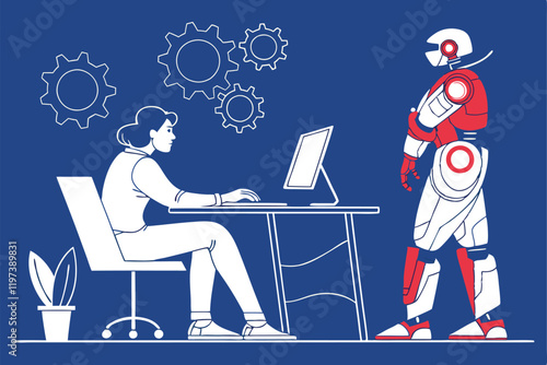 Humans and robots working together, office setting, blue background, flat illustration style, minimalist design, collaborative workspace, AI and human interaction, futuristic workplace, contrasting re