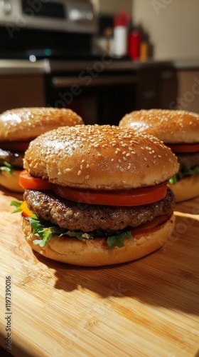 Tasty burgers served on a wooden board against a vibrant red background in a ...