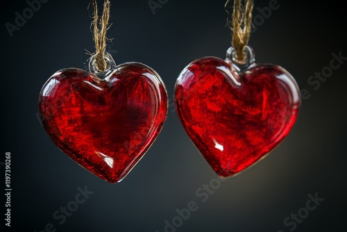 Unique Heart-Shaped Ornaments Hang from a Branch in a Frosty Winter Wonderlan...
