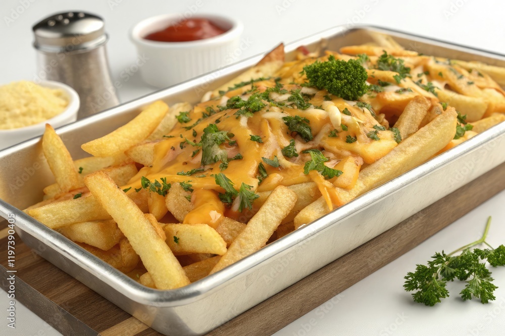 A tray filled with steaming hot fries topped with melted cheese and a sprinkle of parsley, food, fries, snack, spicy A tray filled with steaming hot fries topped with melted cheese and a sprinkle of parsley, food, fries, snack, spicy