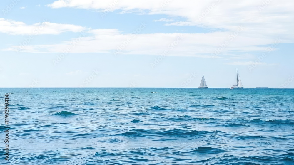 Fototapeta premium A tranquil ocean scene with a few sailboats in the distance, ocean scenery, soft focus
