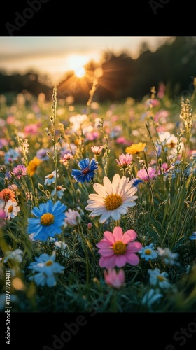 Colorful wildflowers bloom in a vibrant meadow during sunset near a tranquil ...