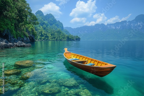 Serenity of a lone boat drifting on calm waters under a bright sky