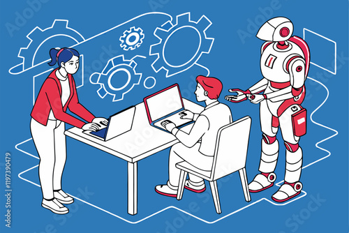 Humans and robots working together, office setting, blue background, flat illustration style, minimalist design, collaborative workspace, AI and human interaction, futuristic workplace, contrasting re