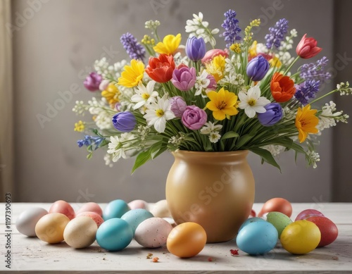 Wallpaper Mural A vase filled with colorful Easter eggs and spring flowers, decorative centerpiece, holiday decoration, colorful accents Torontodigital.ca