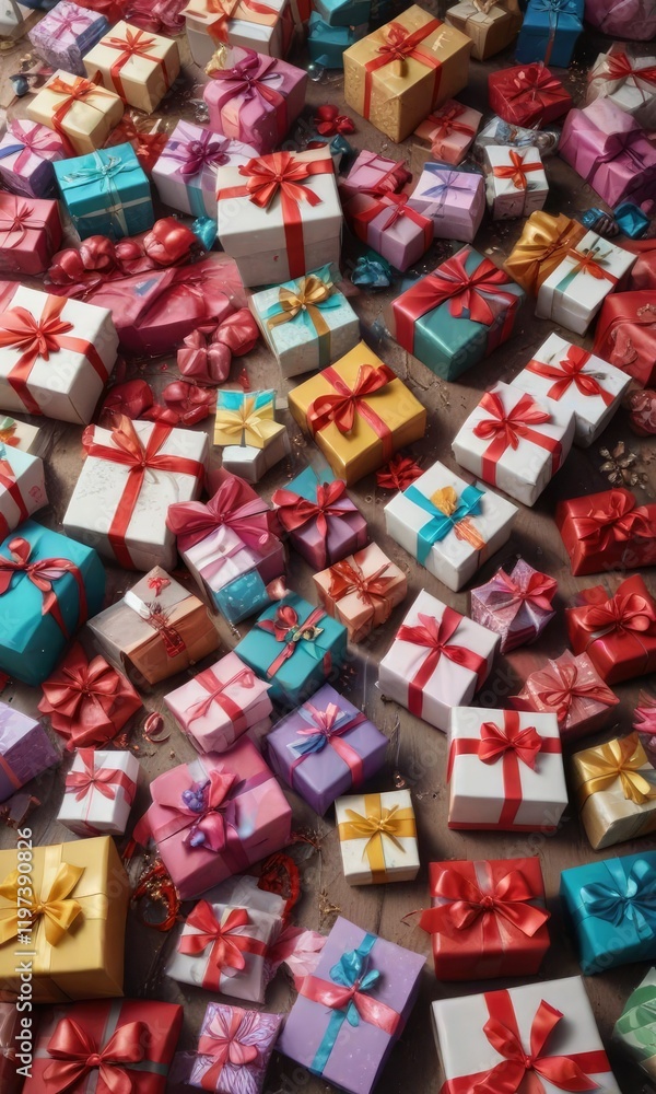 Fototapeta premium A vast array of unwrapped gifts scattered across the floor, each one carefully wrapped in paper and adorned with bows and ribbons , presents, bows, wrapping paper