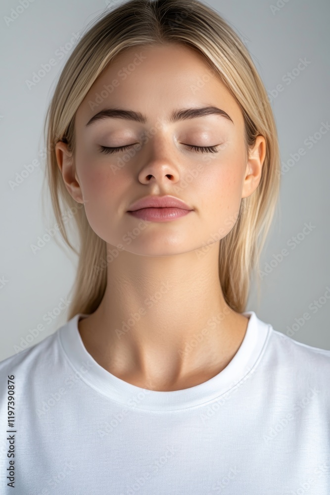 Serene Woman with Closed Eyes, White Shirt, Peaceful Expression, Mindfulness Practice for Wellness Serene Woman with Closed Eyes, White Shirt, Peaceful Expression, Mindfulness Practice for Wellness