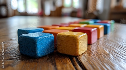 Colorful building blocks arranged neatly on a wooden table in a cozy playroom
