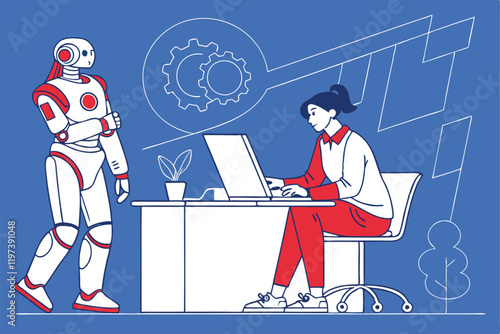 Humans and robots working together, office setting, blue background, flat illustration style, minimalist design, collaborative workspace, AI and human interaction, futuristic workplace, contrasting re