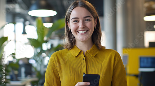 A young professional smiles while interacting with a smartphone in a casual office environment. The bright, natural light and modern tech devices emphasize a balance of professiona photo