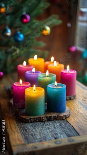 Colorful candles arranged on wooden shelf in cozy indoor setting