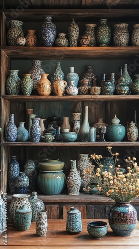 Vibrant collection of ceramic vases and flowers arranged on shelves in a cozy...