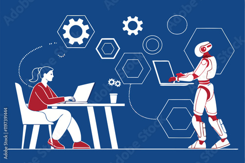 Humans and robots working together, office setting, blue background, flat illustration style, minimalist design, collaborative workspace, AI and human interaction, futuristic workplace, contrasting re