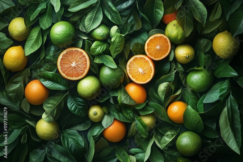 Fresh citrus fruits arranged with vibrant green leaves on a dark background