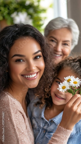 Close-up of smiling mother with caramel skin and sleek bob, daughter with rosy beige skin and loose curls giving a daisy, grandmother with deep brown skin arranging glowing bouquet, warm family moment