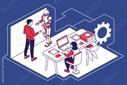 Humans and robots working together, office setting, blue background, flat illustration style, minimalist design, collaborative workspace, AI and human interaction, futuristic workplace, contrasting re