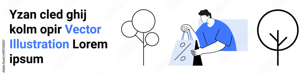 Man in blue shirt carrying bags, circular tree icons, and random text elements. Ideal for shopping, environmental themes, blog posts, advertisements, social media posts, web design education Man in blue shirt carrying bags, circular tree icons, and random text elements. Ideal for shopping, environmental themes, blog posts, advertisements, social media posts, web design education