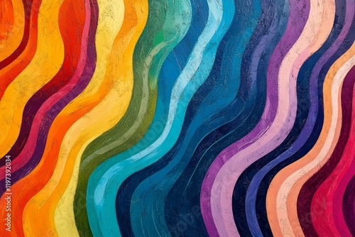 Colorful wavy patterns create a vibrant artwork displayed in a modern setting