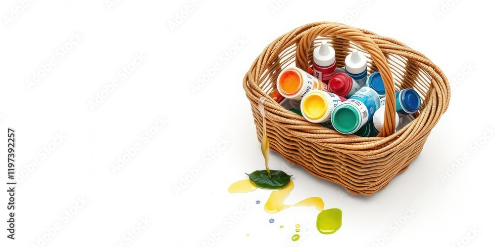 A watercolour paint stashed in a small wicker basket, , paint container A watercolour paint stashed in a small wicker basket, , paint container