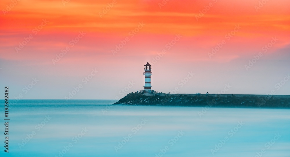Fototapeta premium Breathtaking evening sunset illuminating lighthouse on serene beach landscape