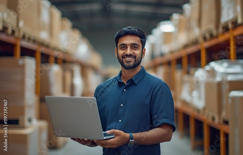 A guy Indian warehouse manager in a distribution center using a laptop. Supervisor of warehouse packages