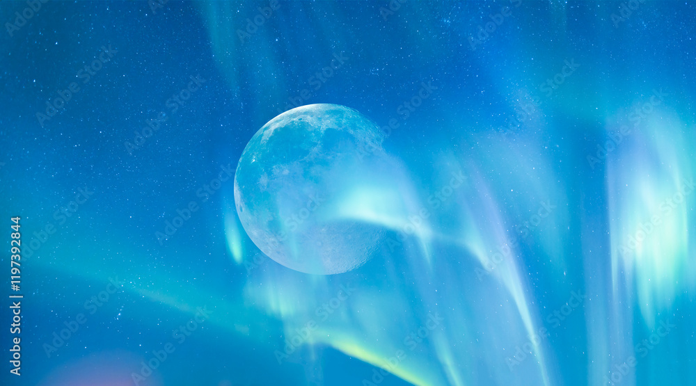 Northern lights (Aurora borealis) in the sky with super full moon - Tromso, Norway Northern lights (Aurora borealis) in the sky with super full moon - Tromso, Norway