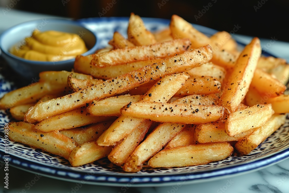 Golden french fries seasoned with pepper, served with a side of creamy mustard. Golden french fries seasoned with pepper, served with a side of creamy mustard.