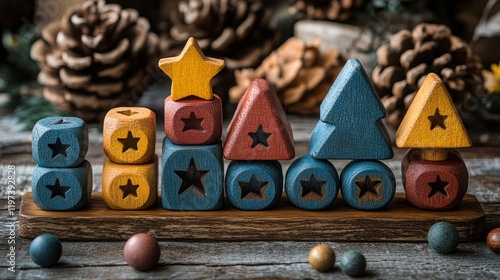 Colorful building blocks arranged neatly on a wooden table in a cozy playroom