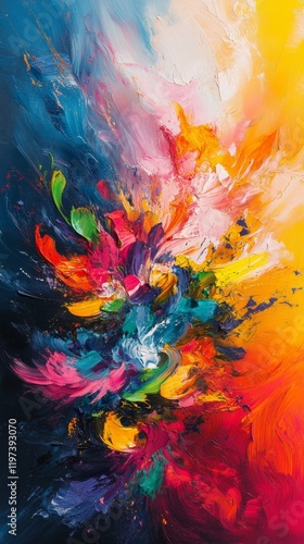 Vibrant abstract painting with swirling colors and dynamic patterns