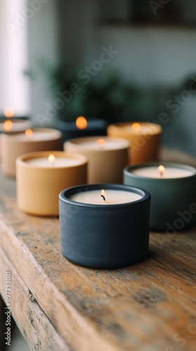 Colorful candles arranged on wooden shelf in cozy indoor setting