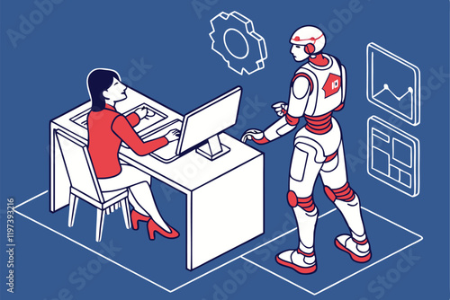 Humans and robots working together, office setting, blue background, flat illustration style, minimalist design, collaborative workspace, AI and human interaction, futuristic workplace, contrasting re