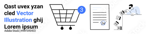 Shopping cart with three items, document with a hand holding a pen, man arranging blocks spelling SEO. Ideal for e-commerce, digital transactions, online forms, content management, SEO, marketing