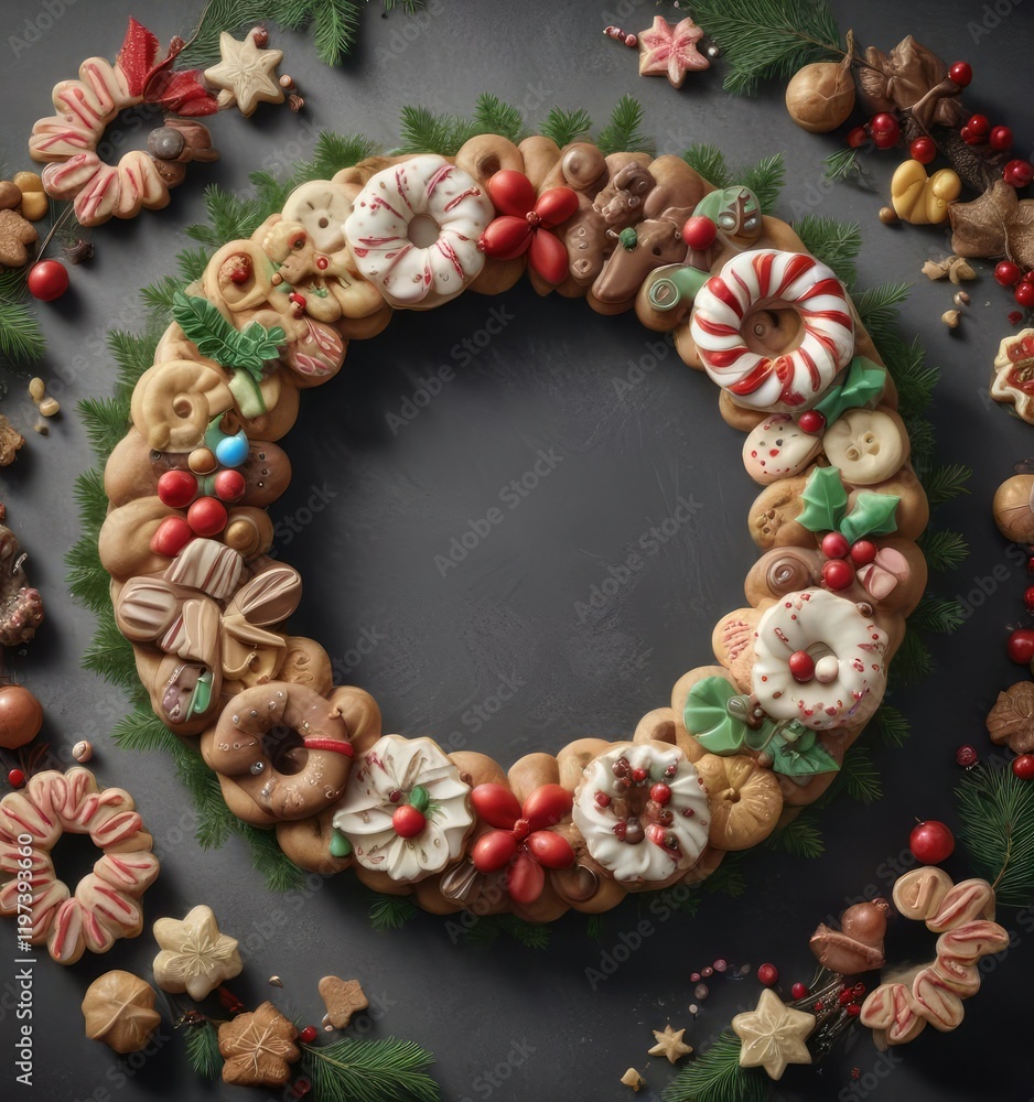 Obraz premium A wreath made of Christmas cookies and candies, christmas, snickerdoodles, treats