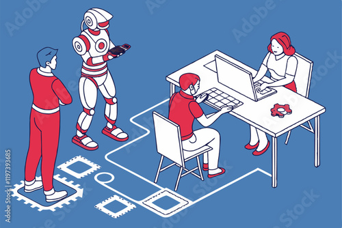 Humans and robots working together, office setting, blue background, flat illustration style, minimalist design, collaborative workspace, AI and human interaction, futuristic workplace, contrasting re