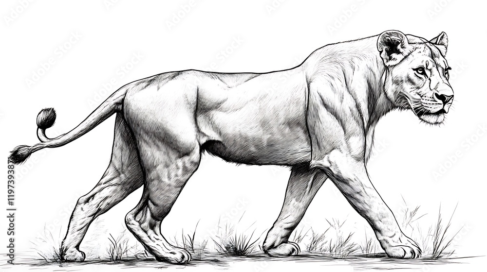 Fototapeta premium Majestic Lioness Walking Grasses Detailed Pencil Sketch