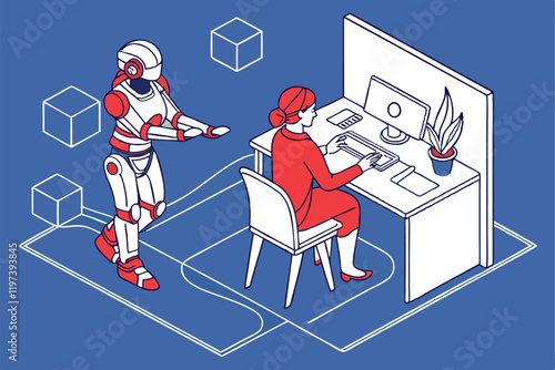 Humans and robots working together, office setting, blue background, flat illustration style, minimalist design, collaborative workspace, AI and human interaction, futuristic workplace, contrasting re