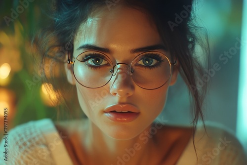 Young woman with glasses relaxing at home in soft light during the evening