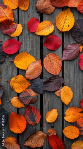Autumn leaves scattered on a rustic wooden surface in vibrant colors