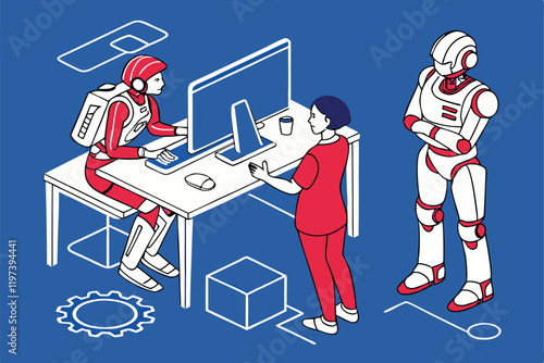 Humans and robots working together, office setting, blue background, flat illustration style, minimalist design, collaborative workspace, AI and human interaction, futuristic workplace, contrasting re