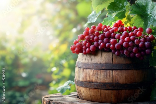 Freshly harvested red grapes in a wooden barrel amidst lush greenery in the v...