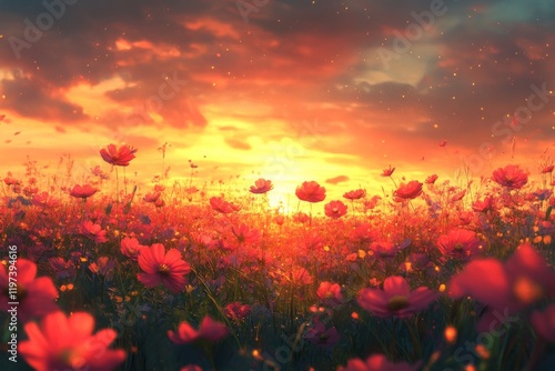 Cute kitten explores a flower-filled meadow during golden hour light