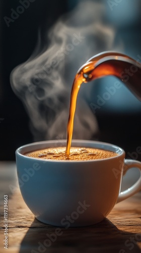 Pouring hot coffee into a white cup with steam rising in a cozy setting