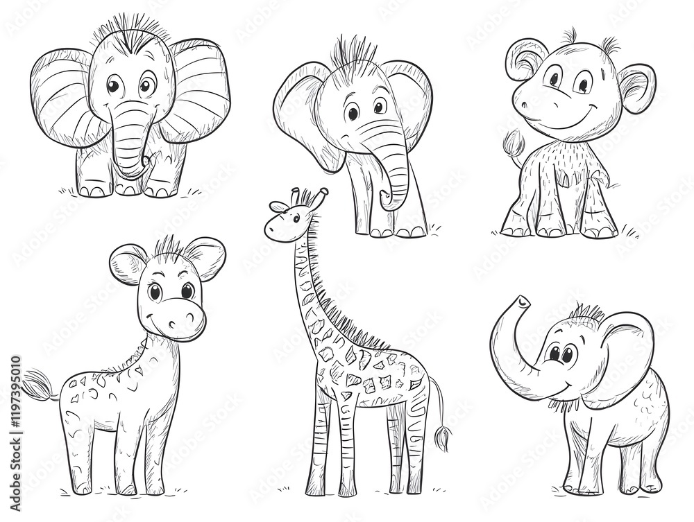 Fototapeta premium Charming Sketch: Adorable African Animals in Playful Line Art